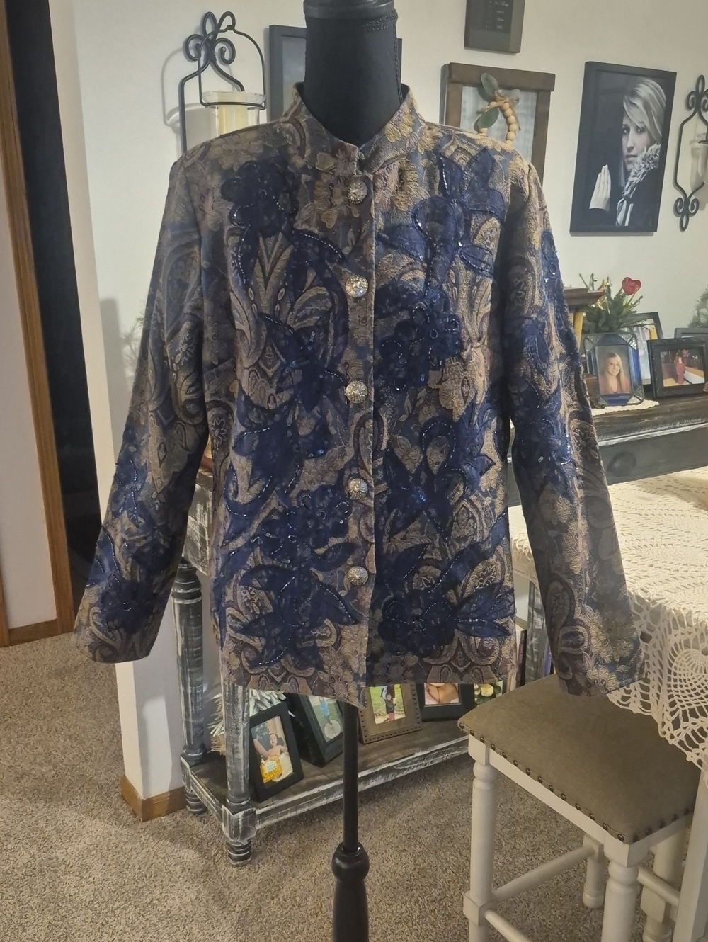 Navy & Gold Floral Brocade Embellished Jacket